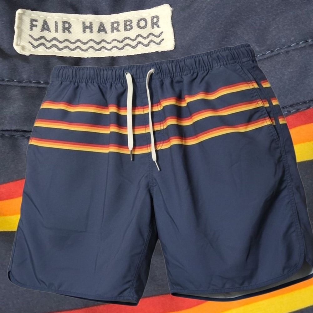 Fair Harbor Swim Trunks Men L Navy Blue Retro Stripe Board Shorts Elastic Waist